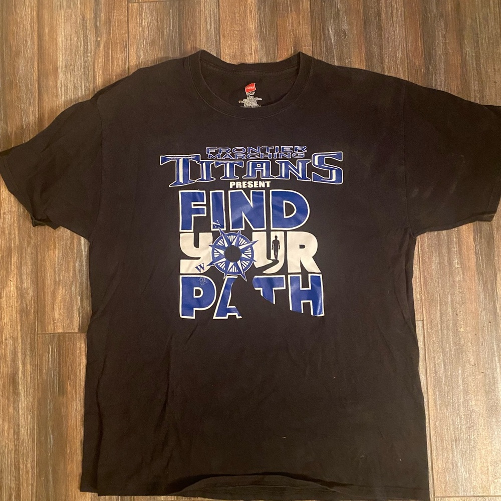 Black Graphic T-Shirt with Blue and White Design